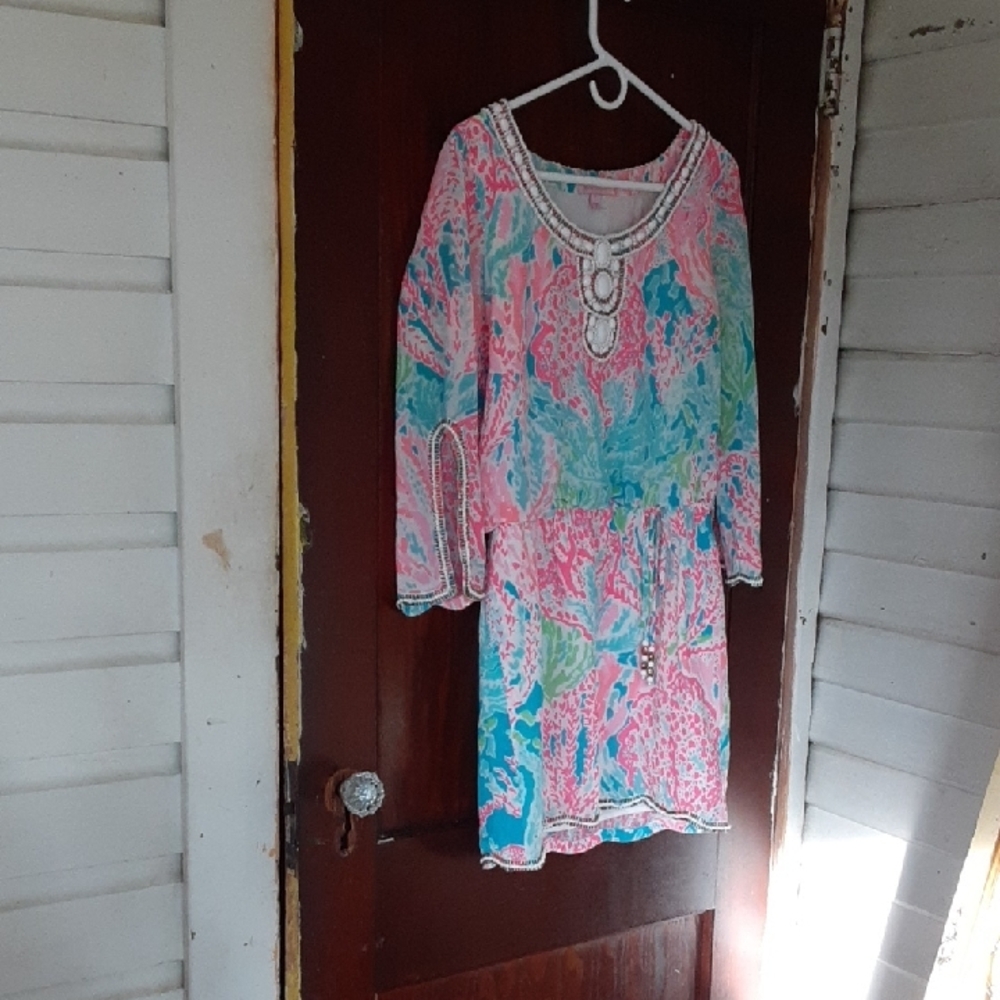Lilly Pulitzer Beaded Pink and Blue Patterned Tunic Dress Sz Small